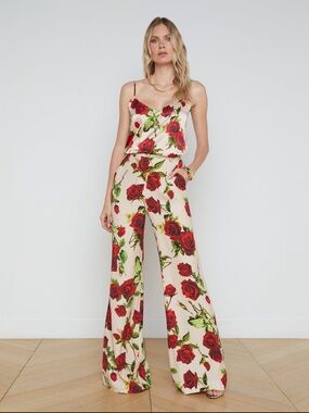 L'AGENCE Pilar Wide-Leg Pant - Sand/Red Romantic Rose